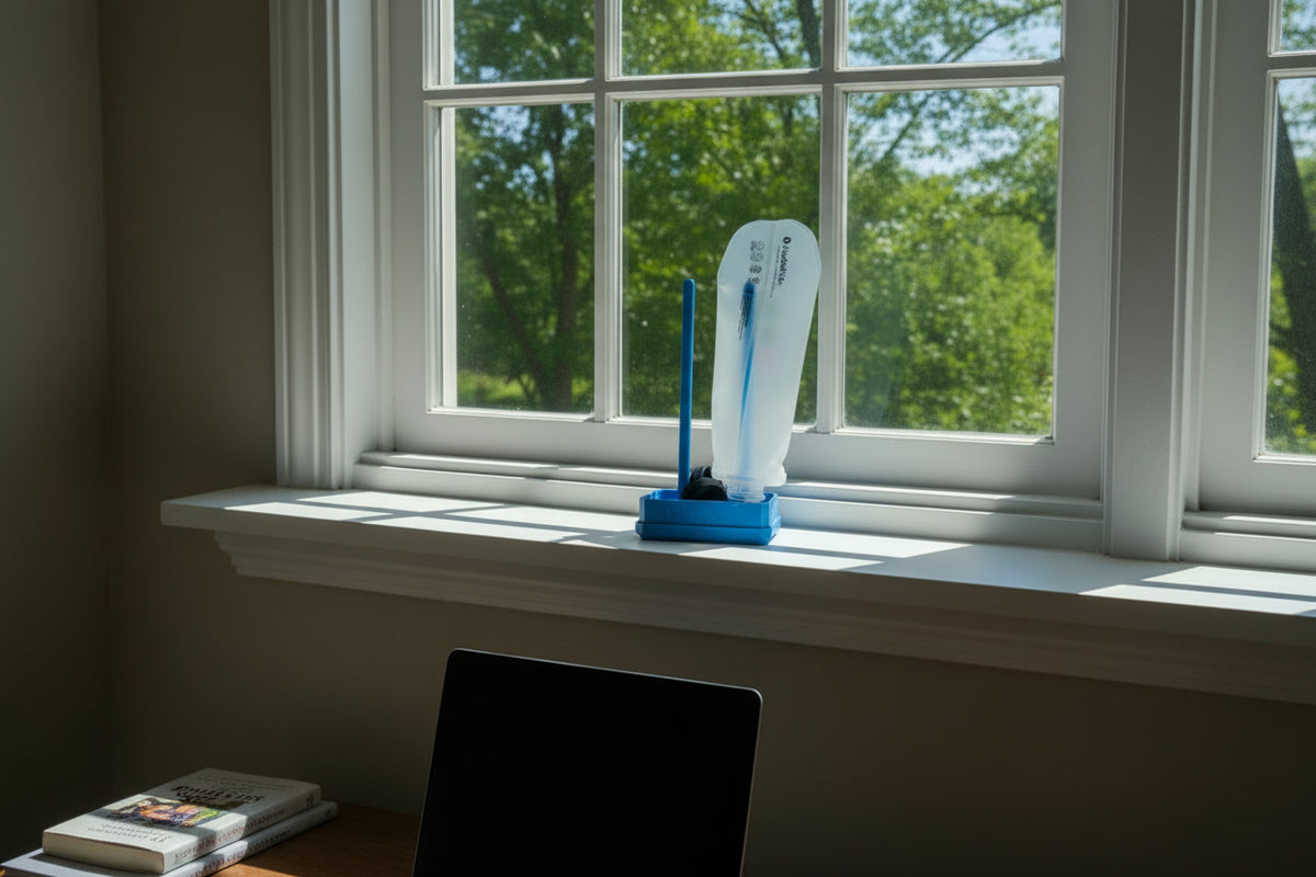 Soft flask drying upside down on a Flask Dry stand on a sunny windowsill