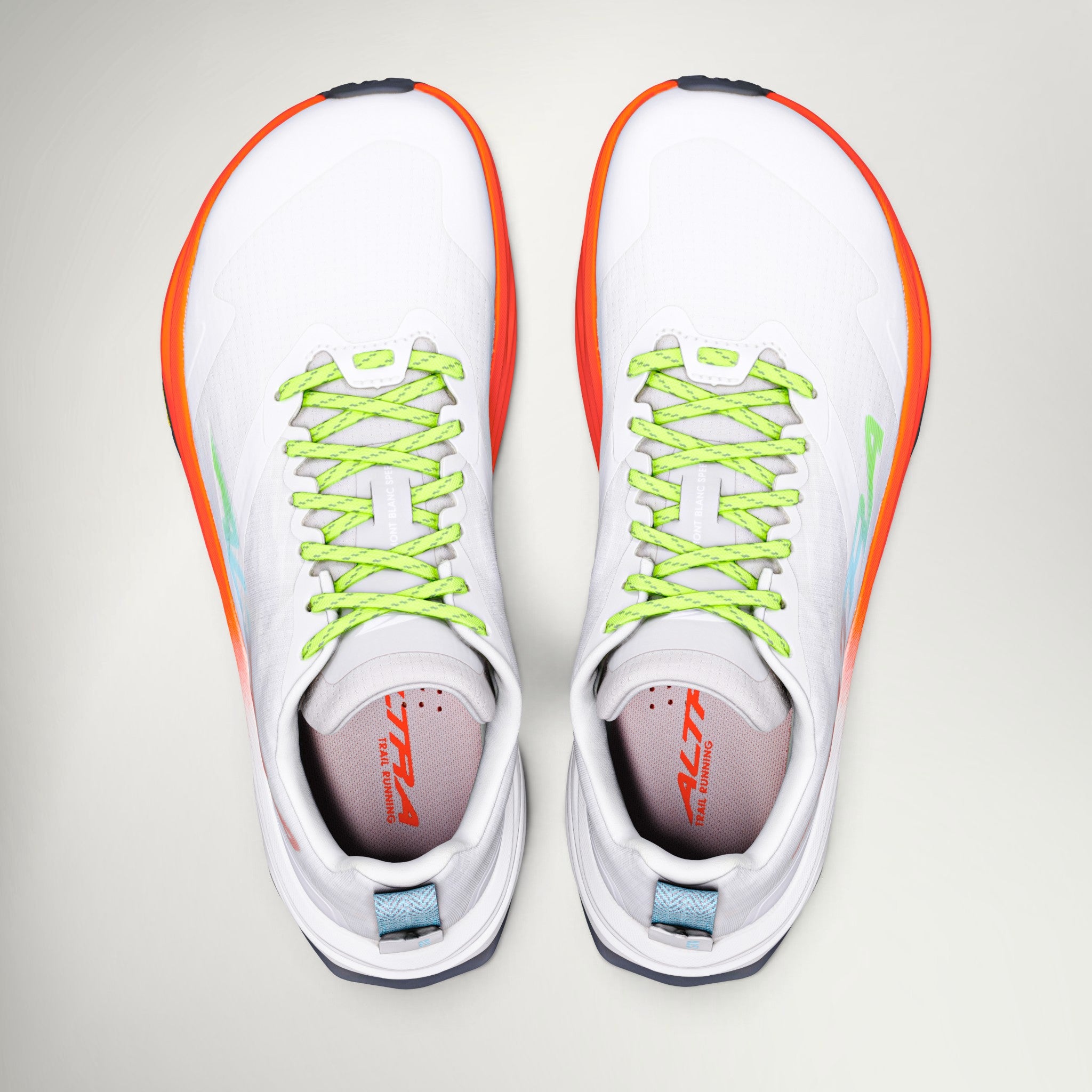 Altra Mont Blanc Speed trail running shoe in White/Fiery Coral/Blue