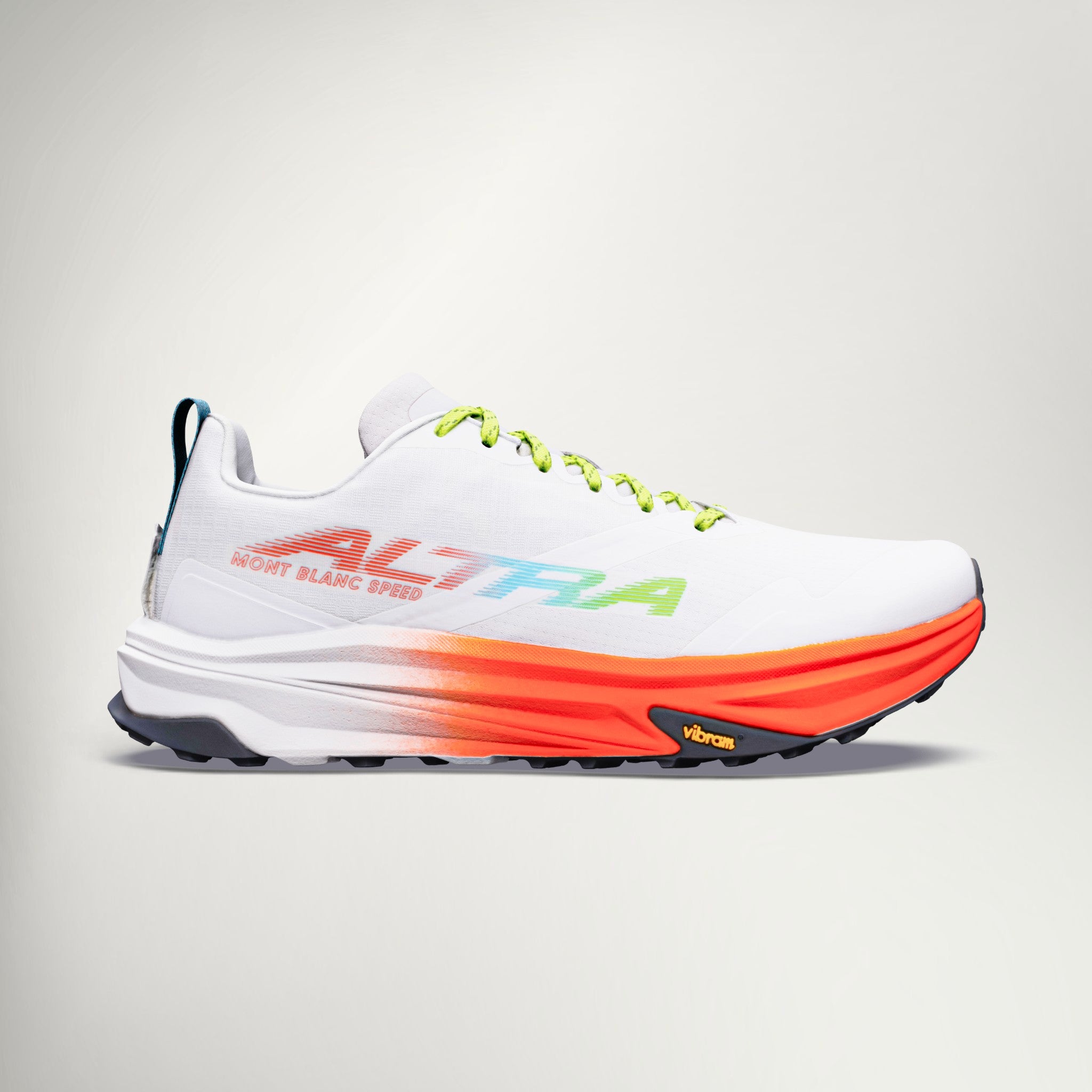 Altra Mont Blanc Speed trail running shoe in White/Fiery Coral/Blue