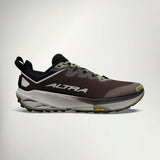 Altra Experience Wild 3+ Men's trail running shoe in Chocolate/Grey, side view with lime green accents and grey cushioned midsole