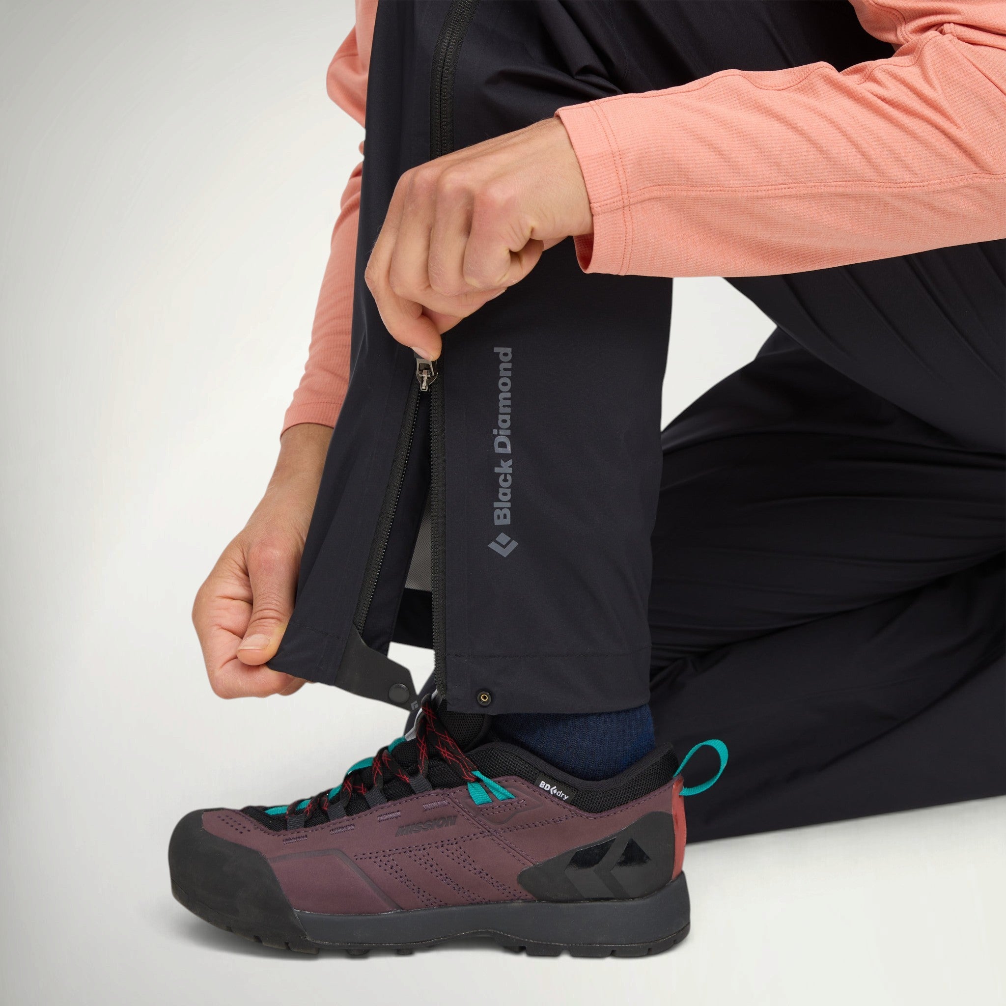 Black Diamond Fineline Stretch Pant Women's, close-up of the ankle zip over a trail shoe