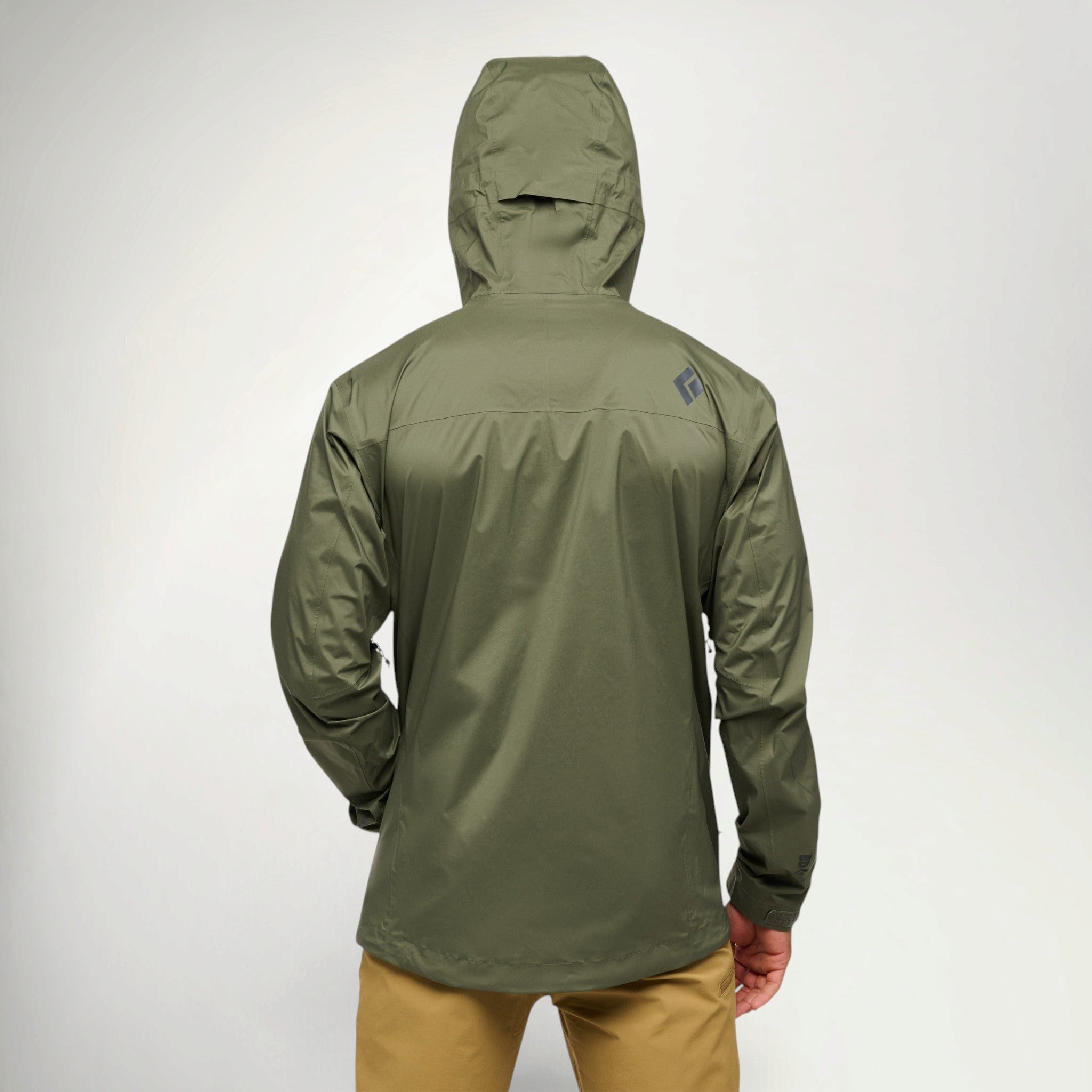 Black Diamond FinelineStretch Shell Men's in Tundra worn with the hood up, back view