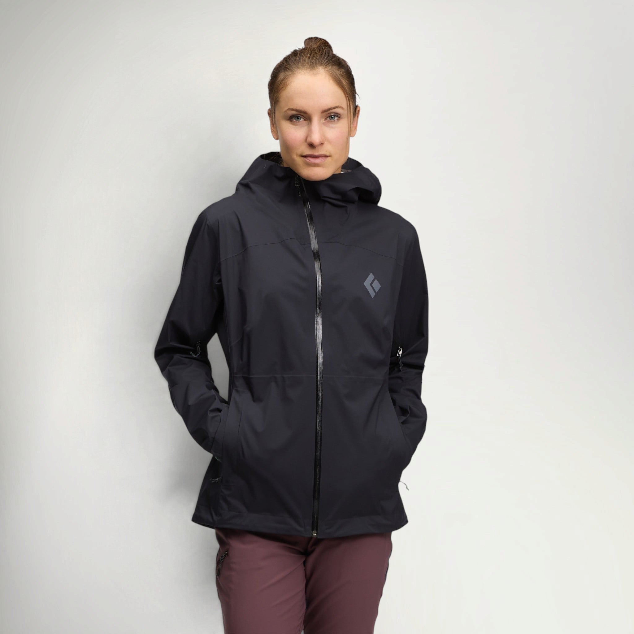 Black Diamond FinelineStretch Shell Women's in Black worn by a hiker, front view