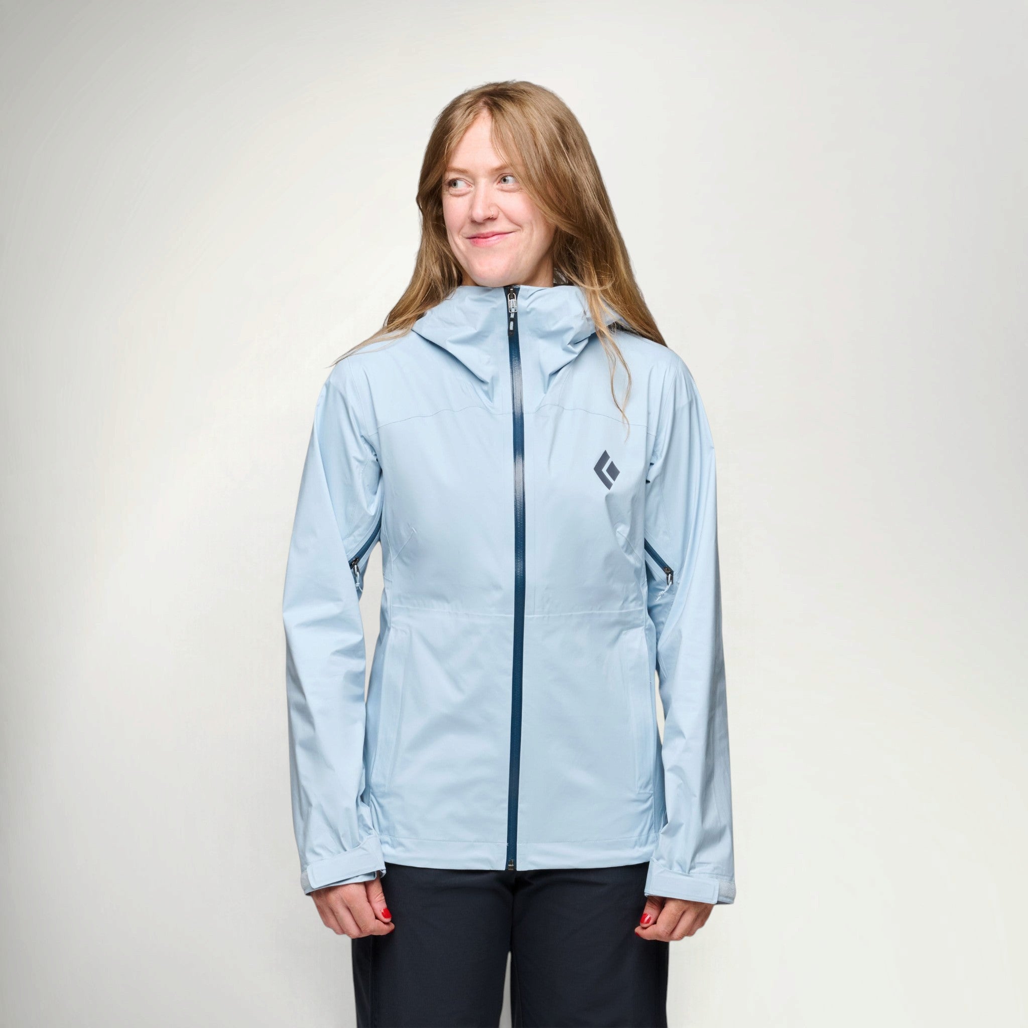 Black Diamond FinelineStretch Shell Women's in Fog Blue worn by a hiker, front view