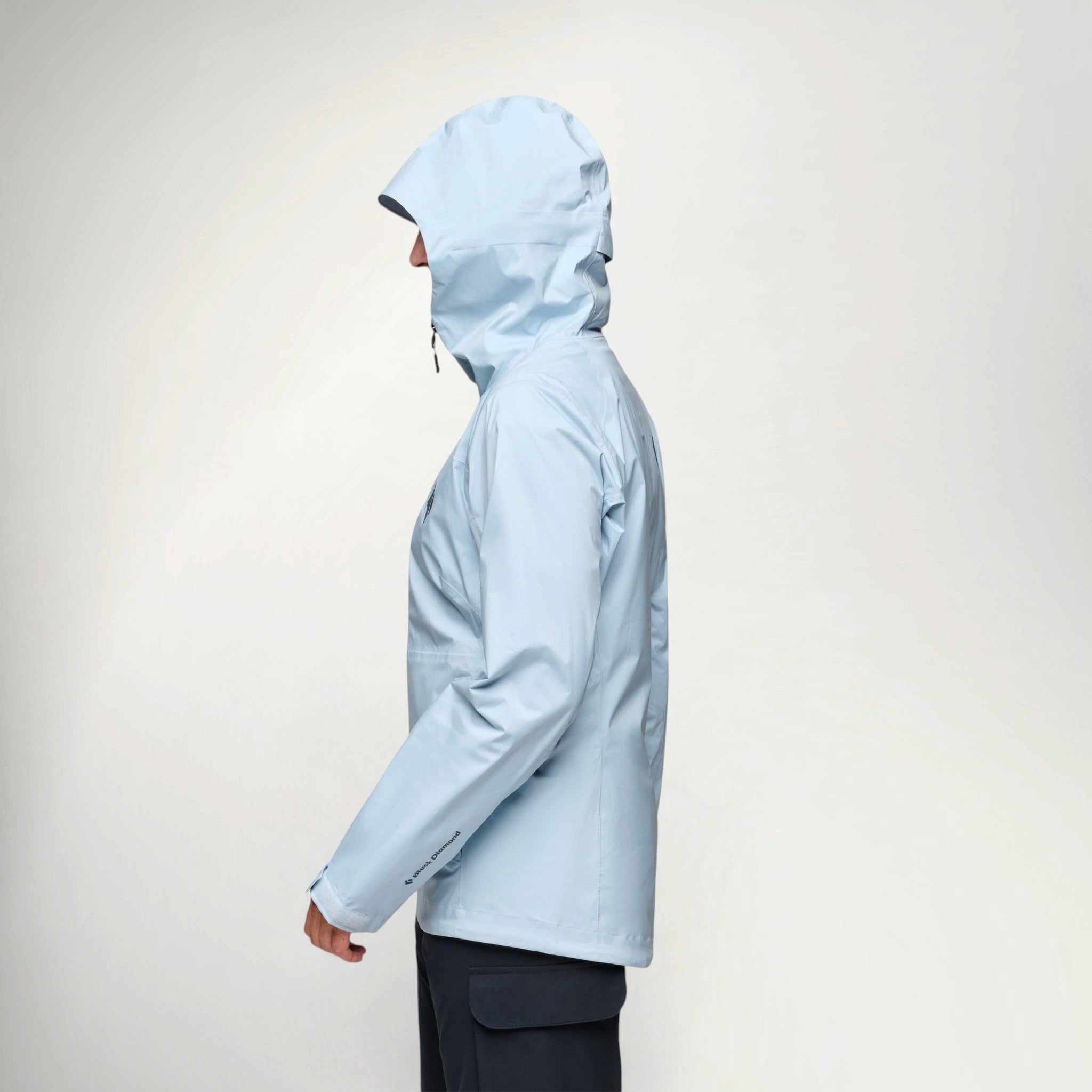 Black Diamond FinelineStretch Shell Women's in Fog Blue worn with the hood up, side view