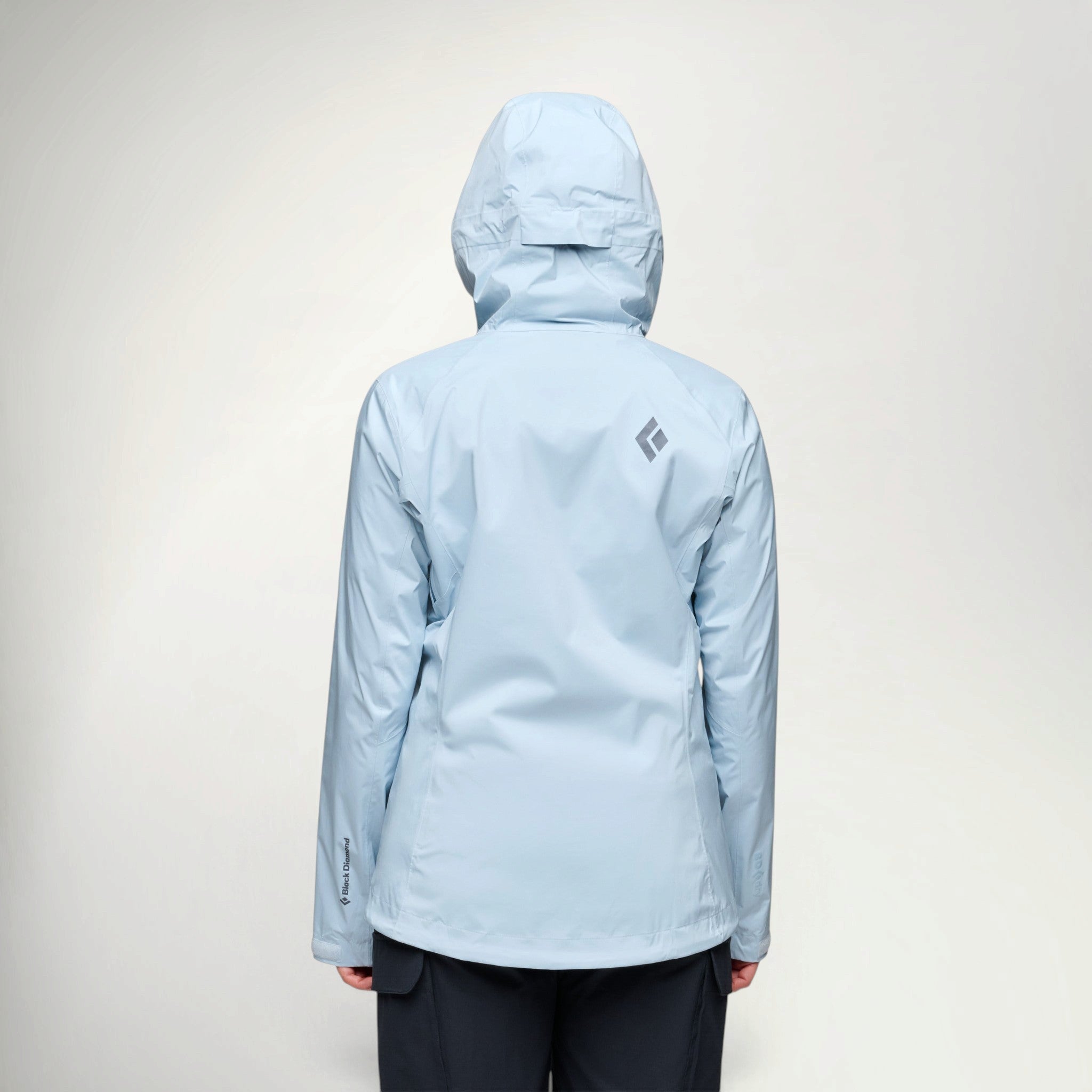 Black Diamond FinelineStretch Shell Women's in Fog Blue worn with the hood up, back view