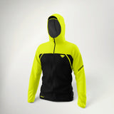 Dynafit Alpine 3-Layer Jacket Men's in Ultra Yellow and black, front view with hood up