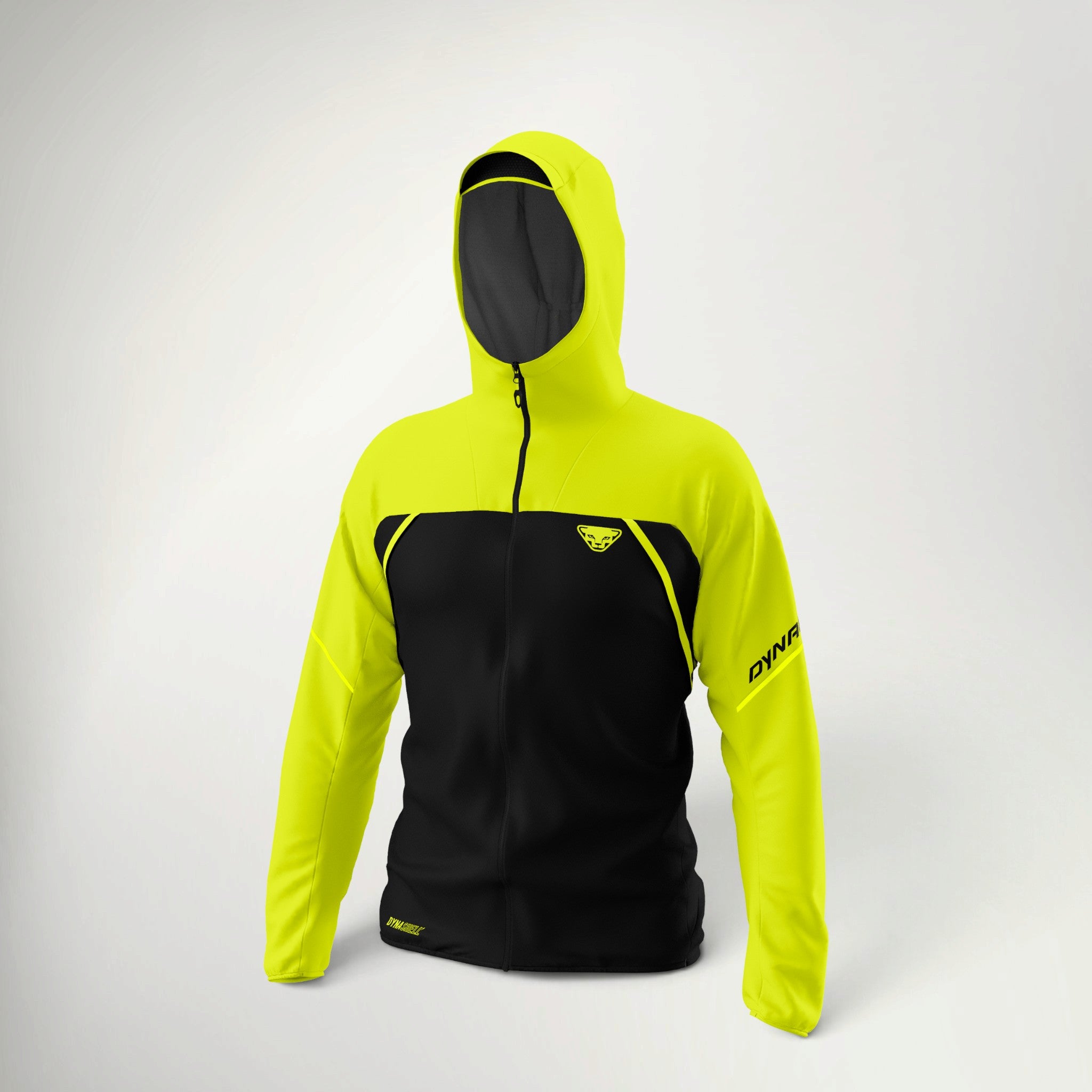 Dynafit Alpine 3-Layer Jacket Men's in Ultra Yellow and black, front view with hood up