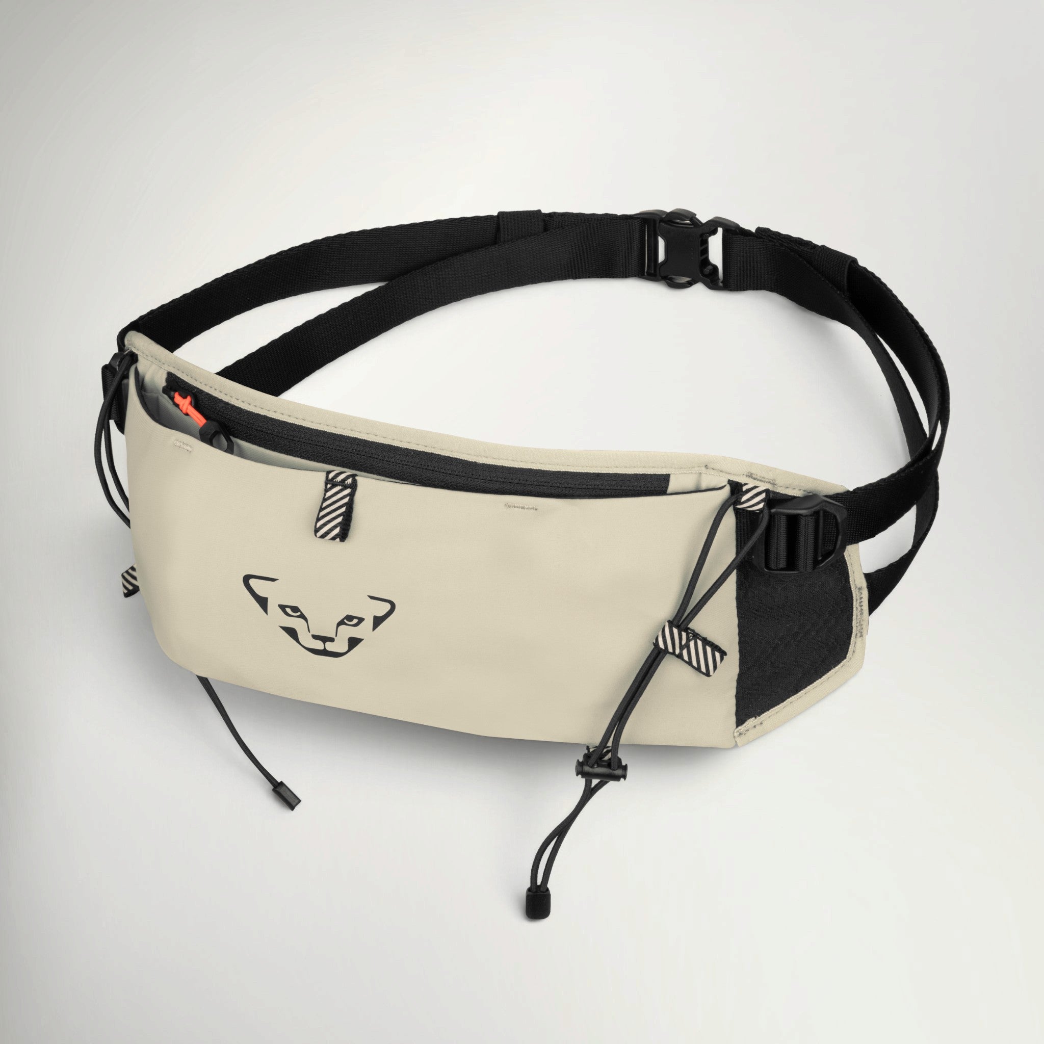 Dynafit Trail Belt in Overcast, front view of the running belt with zip pocket and black strap