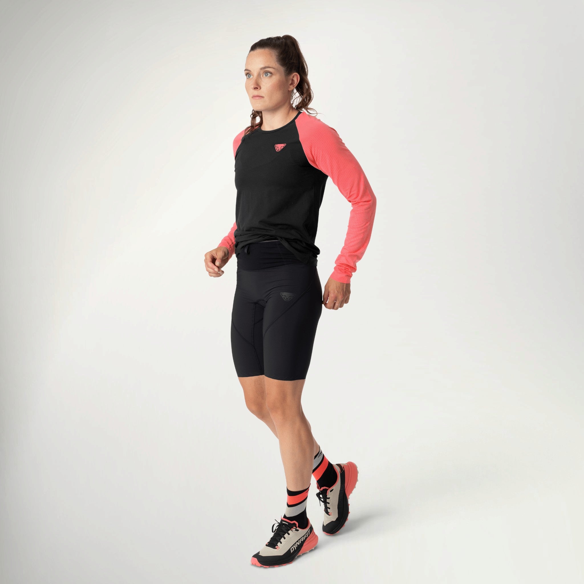 Dynafit Ultra Short Tights Women's in Black worn by a runner, side view