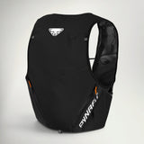 Dynafit Ultra 12 running vest in Black, back view showing the snow leopard logo, side Dynafit lettering and orange zip pulls