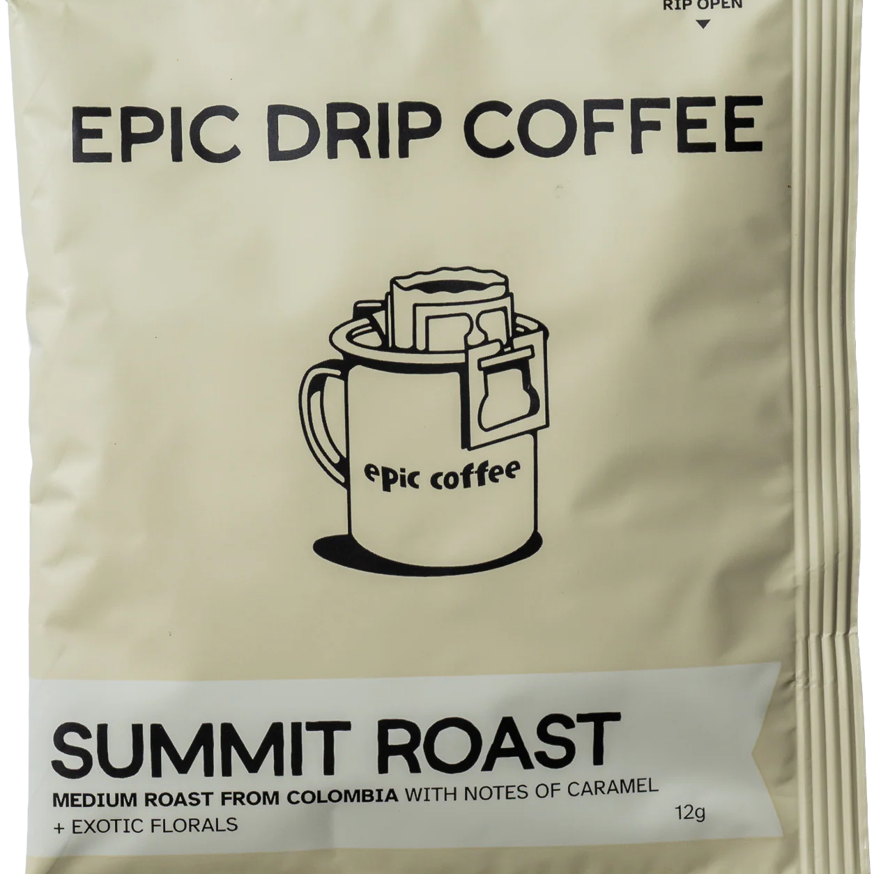 Epic Drip Coffee Summit Roast single-serve drip bag, a sage green sachet with mug illustration, medium roast from Colombia