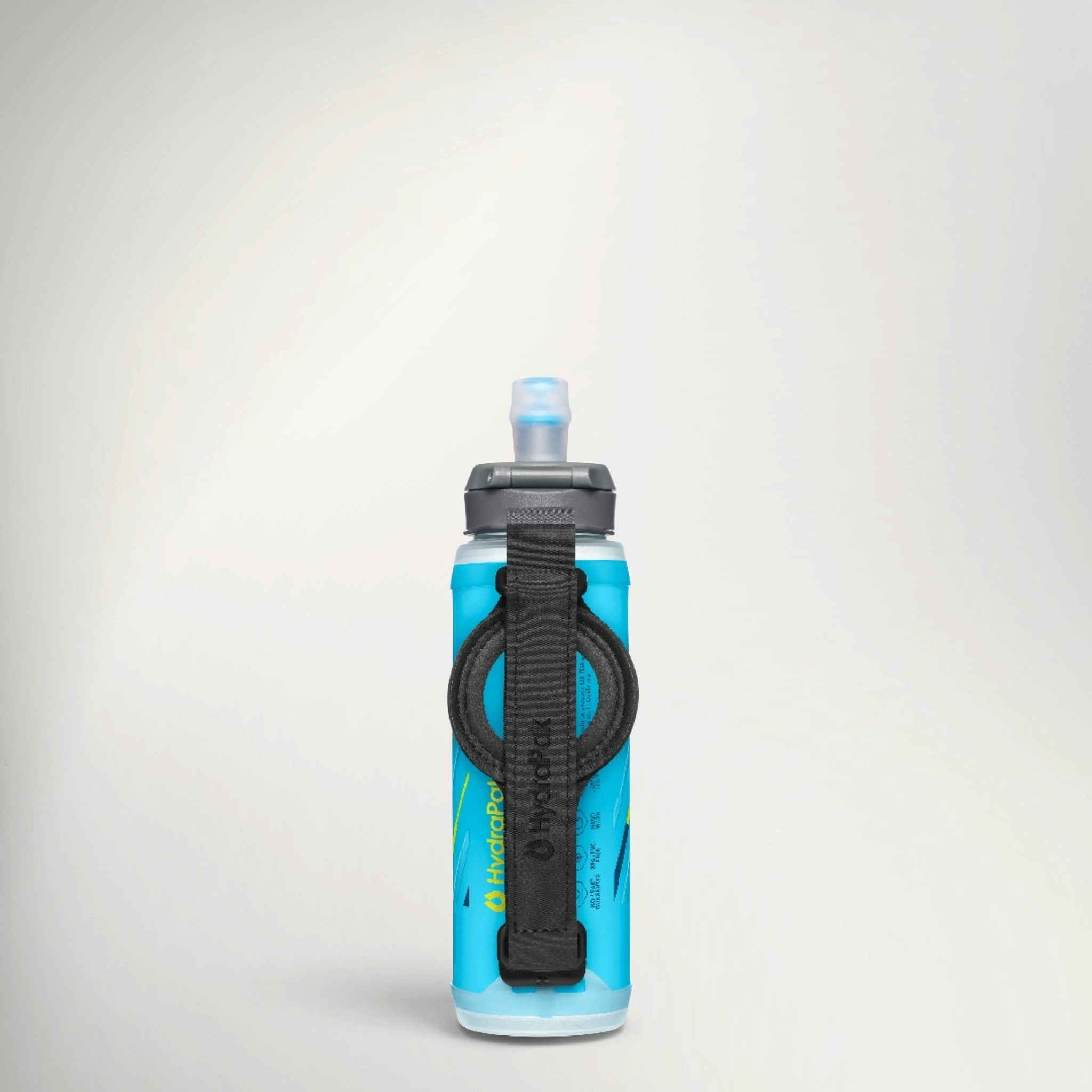HydraPak Skyflask Speed 350ml in Malibu Blue, side view showing the hand strap