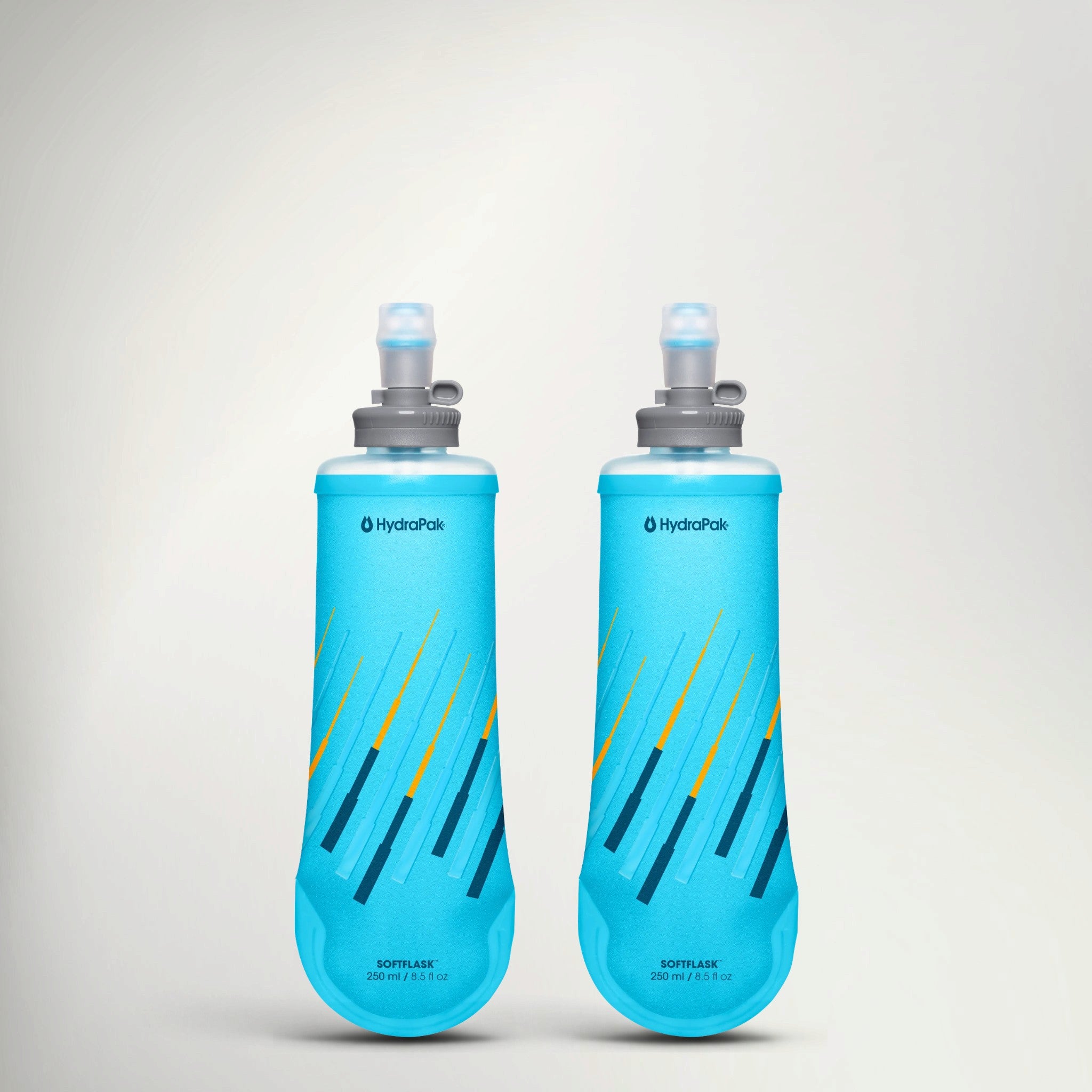 Two HydraPak Softflask 250ml soft flasks in Malibu Blue, front view