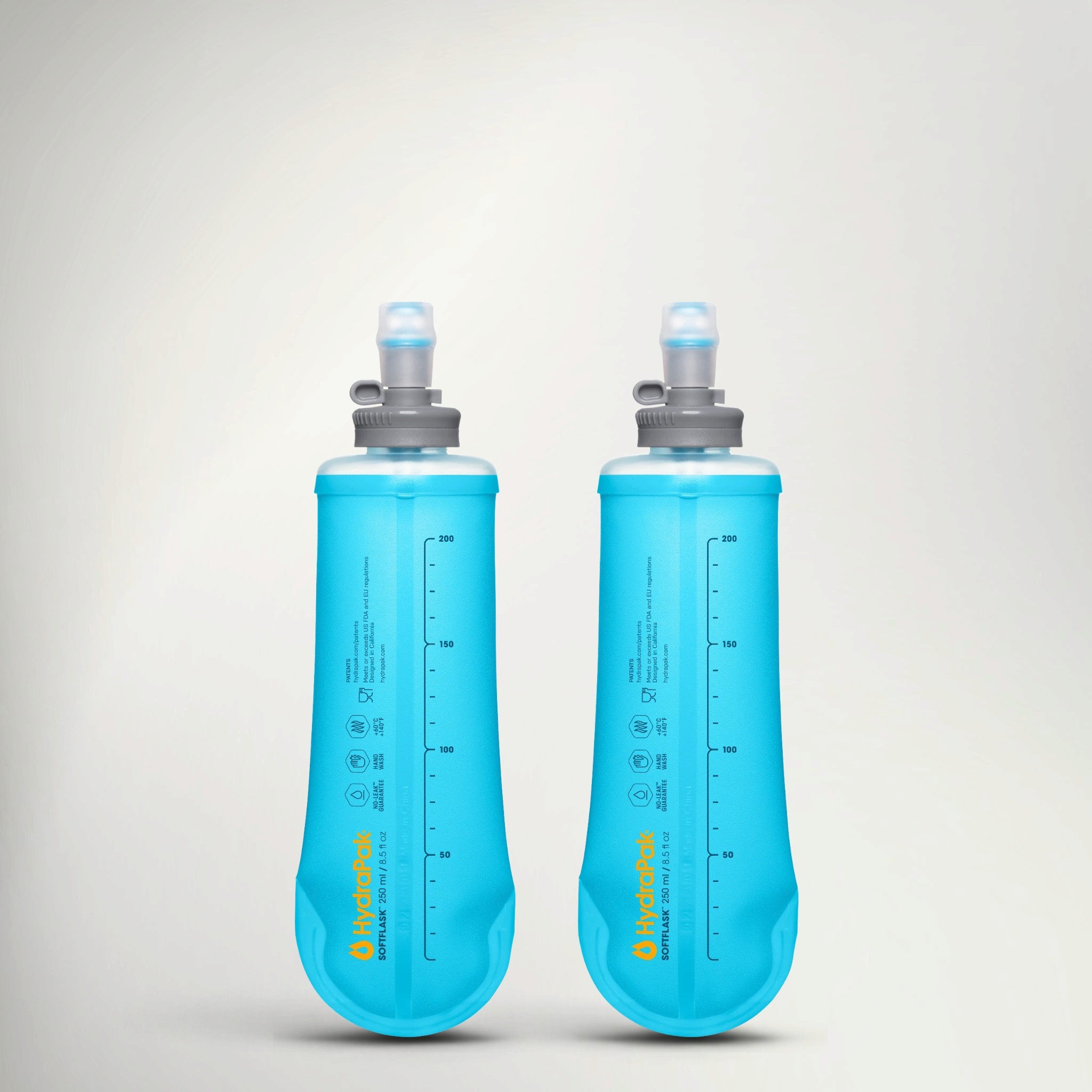 Two HydraPak Softflask 250ml soft flasks in Malibu Blue side by side