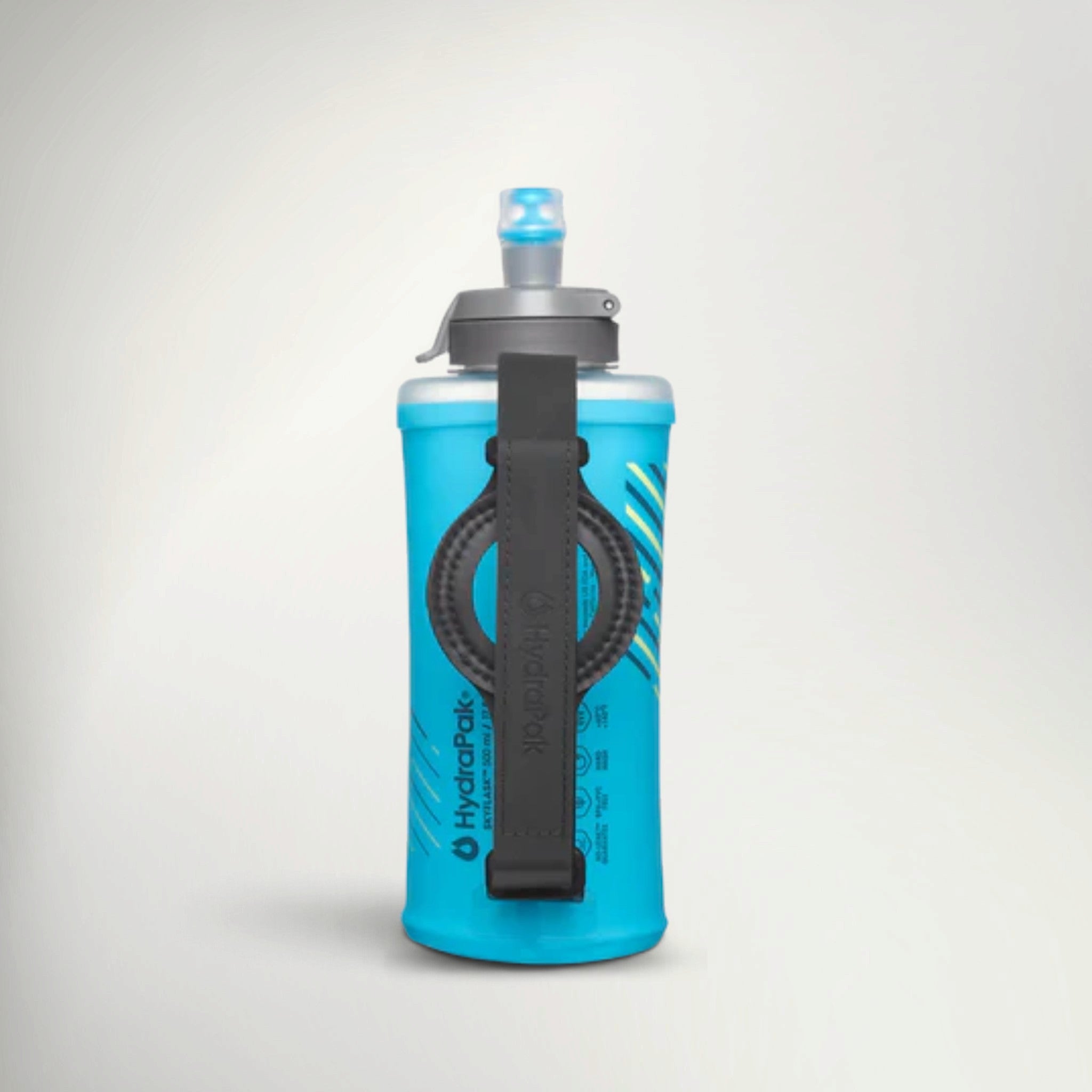 HydraPak Skyflask Speed 500ml in Malibu Blue with hand strap, side view