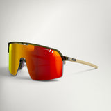 Julbo Intensity REACTIV 1-3 LAF in Shiny Translucent Army Green/Matt Beige, front three-quarter view with the red mirror lens