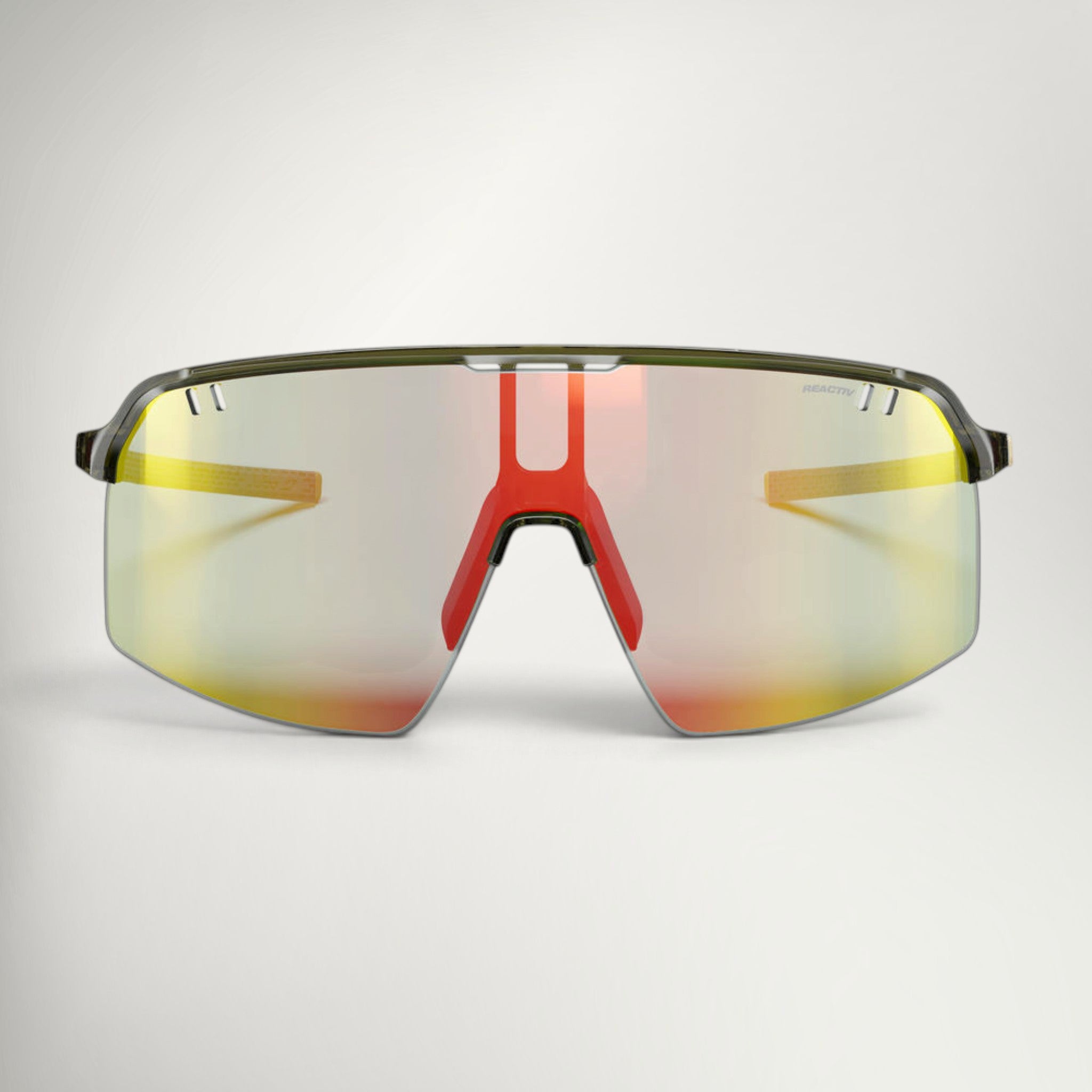 Julbo Intensity REACTIV 1-3 LAF in Shiny Translucent Army Green/Matt Beige, front view with the photochromic lens in its lightest state