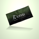 A dark olive green and black running headband with white Kinisi branding, shown floating against a light green gradient background.