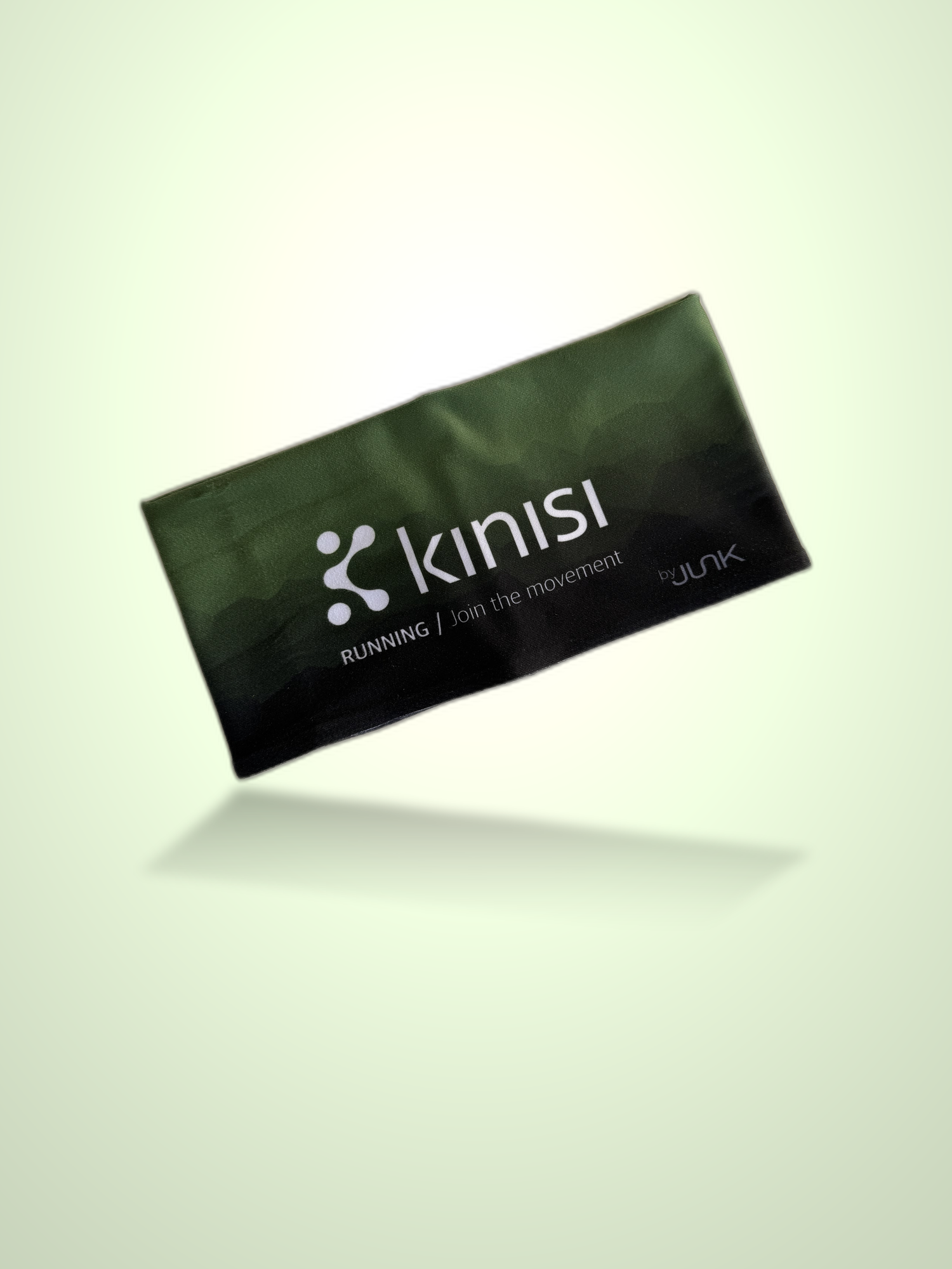 A dark olive green and black running headband with white Kinisi branding, shown floating against a light green gradient background.