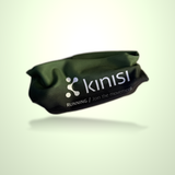 A dark olive green fabric headband with white printed branding for 'kinisi RUNNING / Join the Movement', shown floating against a pale green gradient background.