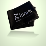 A black fabric running headband with the Kinisi logo and 'RUNNING / join the movement.' printed in white, shown floating against a pale green gradient background.