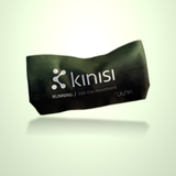 A dark olive green running headband with white printed Kinisi Running logo and text, shown floating against a light green gradient background.
