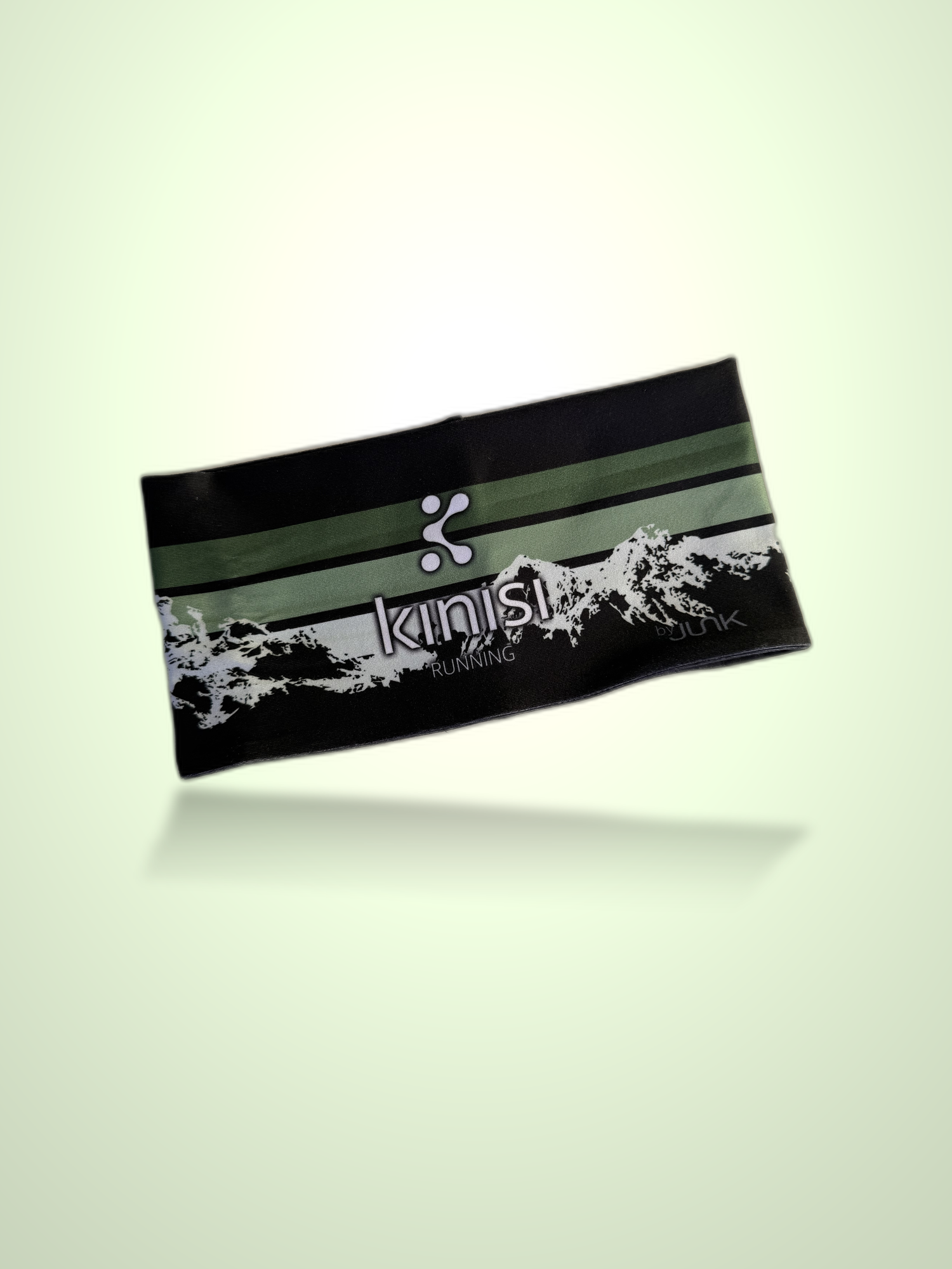 A black athletic headband with green stripes, a white Kinisi Running logo, and a white mountain graphic, floating on a pale green gradient background.