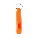 An orange plastic whistle keychain with a silver metal split ring, shown against a plain white background.