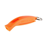 An orange Lifesystems plastic whistle with a silver metal keyring, shown on a plain white background.