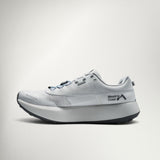 A light gray and white Mount To Coast running shoe with a thick white midsole and a black logo on the side, shown against a light gray background.
