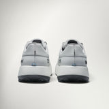 A pair of light gray athletic sneakers shown from the back, featuring thick white midsoles and dark gray outsoles, set against a clean off-white background.