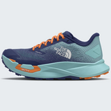A side profile view of The North Face Vectiv Enduris 4 trail running shoe. The shoe features a dark navy blue mesh upper, a light teal-green midsole and heel counter, and bright orange accents on the laces, logo, and 'Vectiv' text on the forefoot.
