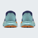 Rear view of a pair of The North Face athletic sneakers in light teal, dark purple, and orange, shown against a light gray background.
