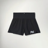 NNormal Race Shorts Women's in Black, front view with wide waistband and white NNormal logo on the leg