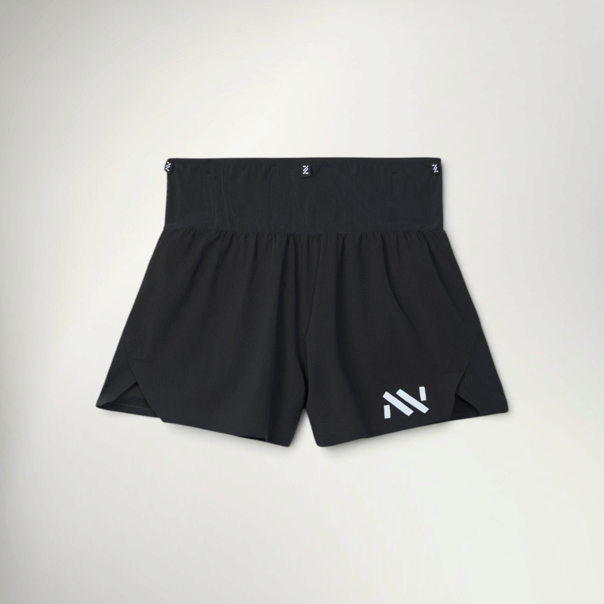 NNormal Race Shorts Women's in Black, front view with wide waistband and white NNormal logo on the leg