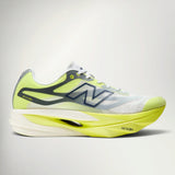 New Balance SuperComp Elite v6 Men's carbon-plated racing shoe in Fresh Air with Alkaline Green, side view with tall neon and white midsole