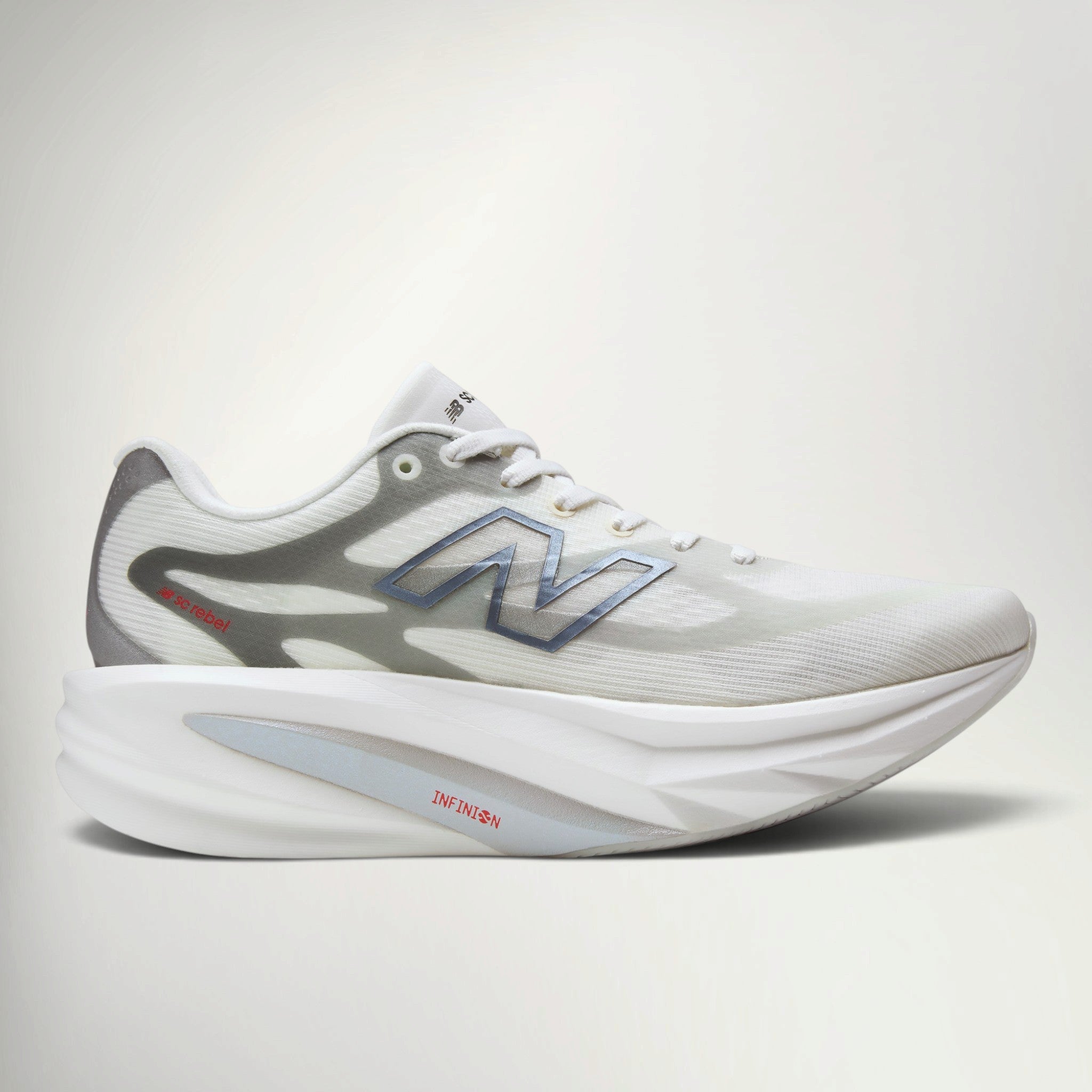 New Balance SuperComp Rebel Women's running shoe in Sea Salt with Neo Flame, side view with white upper, blue N logo and grey midsole