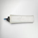 Raide 500ml soft flask with locking cap, frosted white with Raide logo and blue bite valve, lying on its side