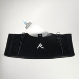 Raide LF 2L running belt in Black with white Raide R logo and a soft flask tucked into the pocket