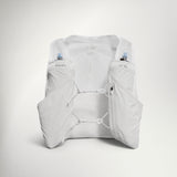 Raide LF 5L running vest in white, front view with two soft flasks in the chest pockets and bungee sternum straps