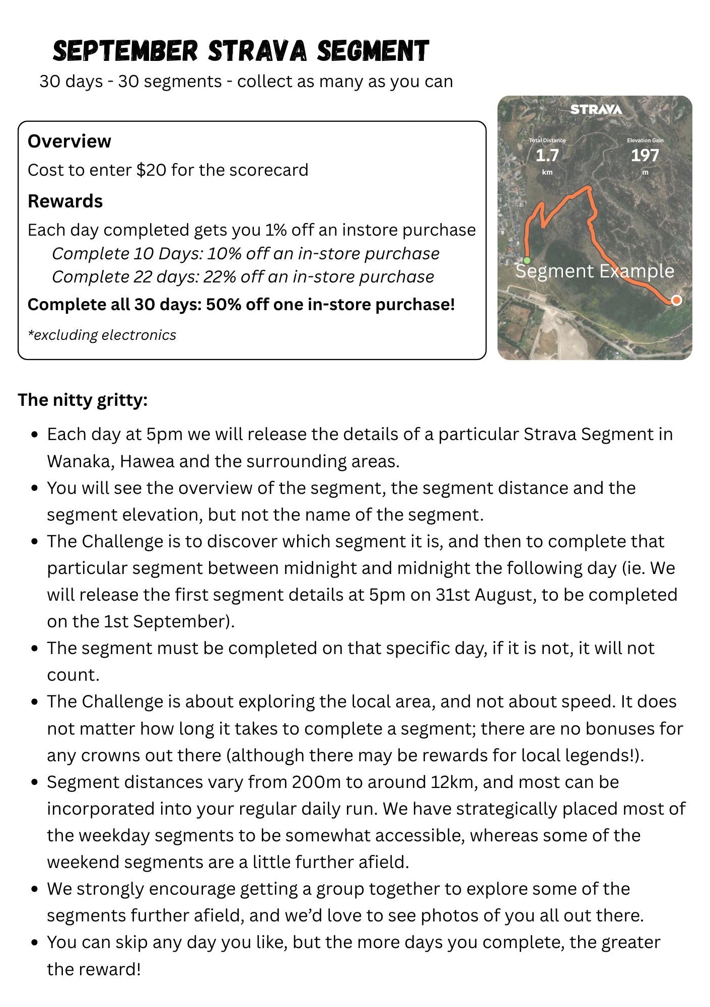 The rules for 'September Strava Segment' outlining goals, costs, and a map of a Strava Segment in Wanaka and the surrounding area.