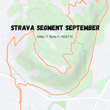 A map-style graphic showing a route outlined in orange over a pale green topographic area, with large text reading “STRAVA SEGMENT SEPTEMBER” and smaller text “FIND IT. RUN IT.