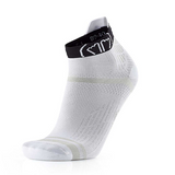A single white low-cut athletic sock with a black ankle cuff band, shown on a clean white background.