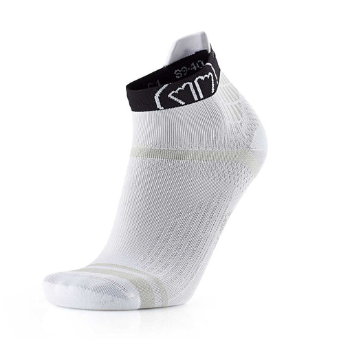 A single white low-cut athletic sock with a black ankle cuff band, shown on a clean white background.