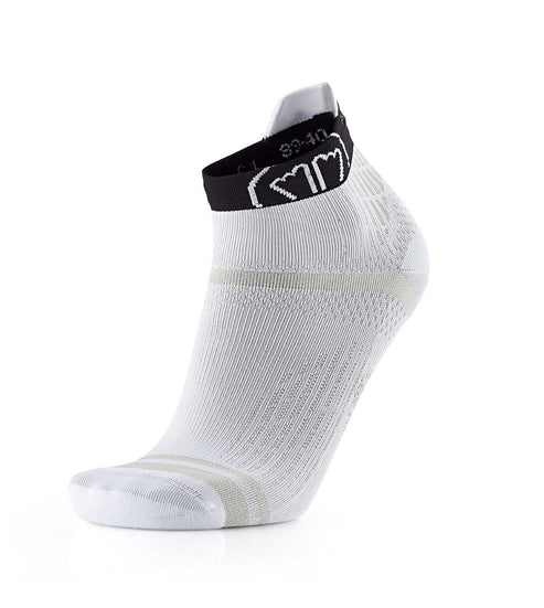 A single white low-cut athletic sock with a black ankle cuff band, shown on a clean white background.