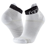 Two white ankle socks with black bands on a transparent background