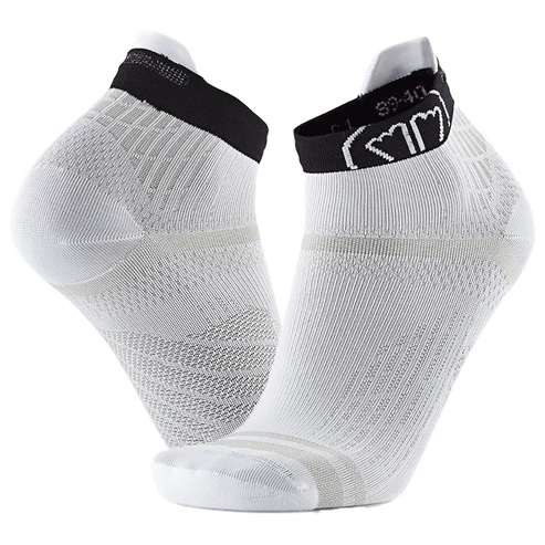 Two white ankle socks with black bands on a transparent background