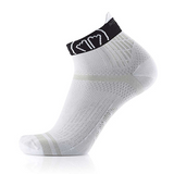 White ankle sock with black band featuring heart designs on a white background
