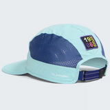 A light blue and navy blue 5-panel running cap with a mesh back panel, a small '1966 FlashDry' patch on the side, and 'FLASHDRY' printed on the brim, shown on a light gray background.